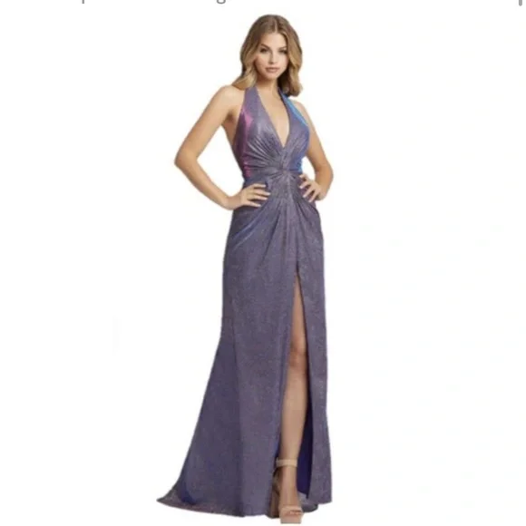 NWT Ieena Mac Duggal Dress Long Metallic Glittered Slit Evening Purple - Picture 1 of 9
